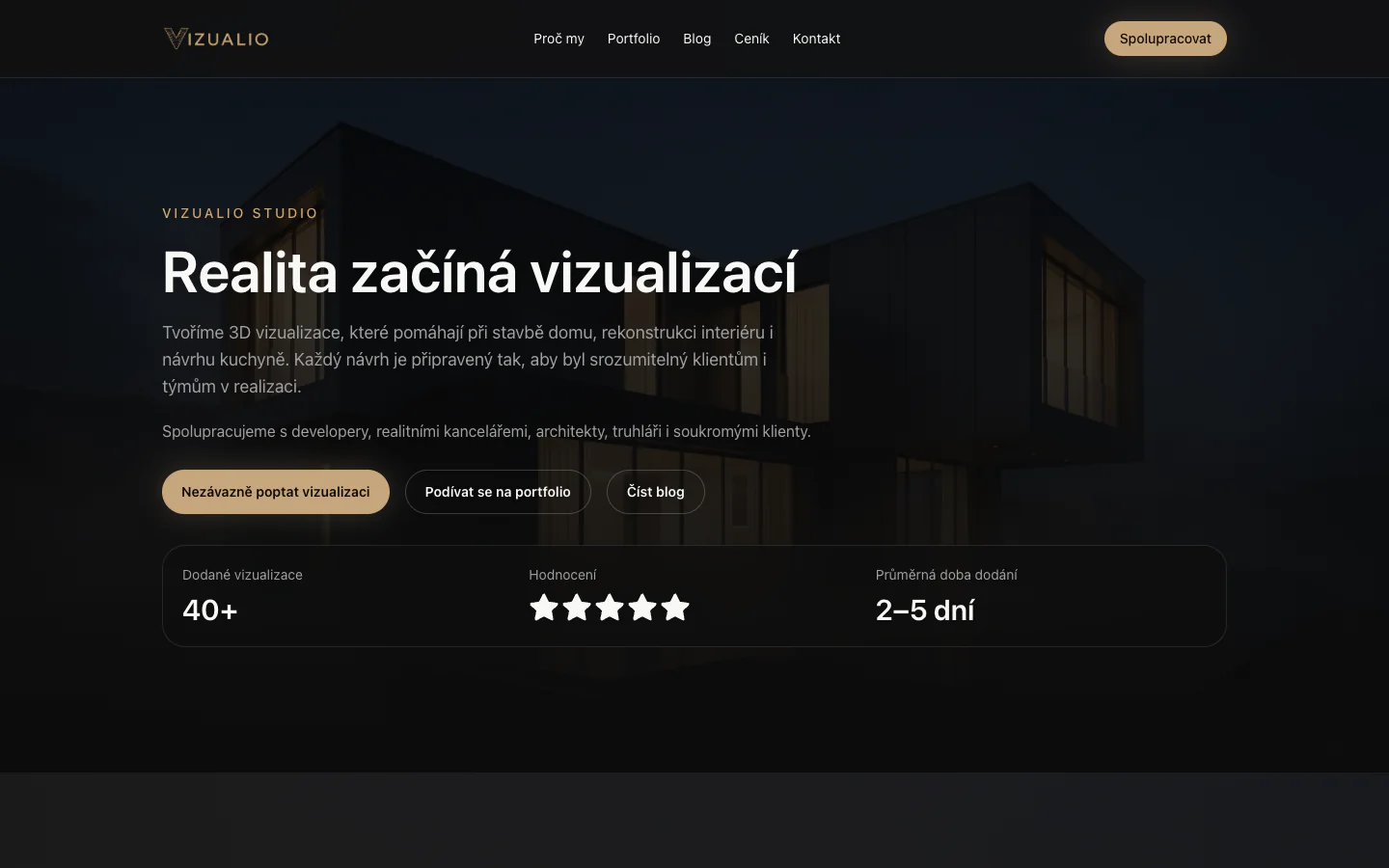 Web studia Vizualio s vizualizací interiéru a prezentací služeb