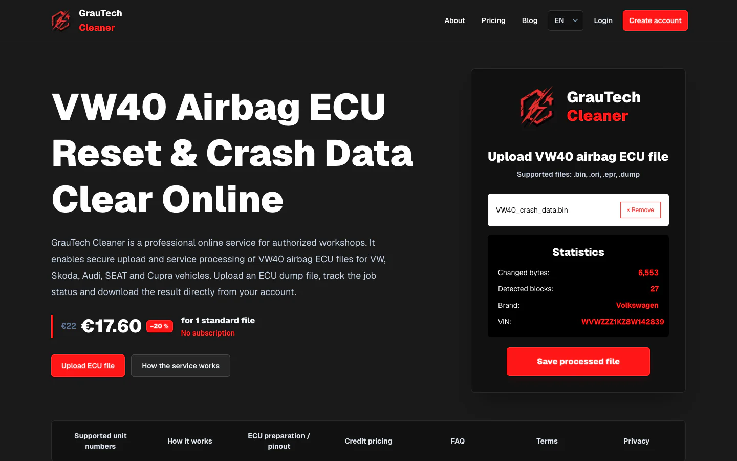 Veřejný web VW40 Crash Clear s rozhraním pro zpracování ECU souborů