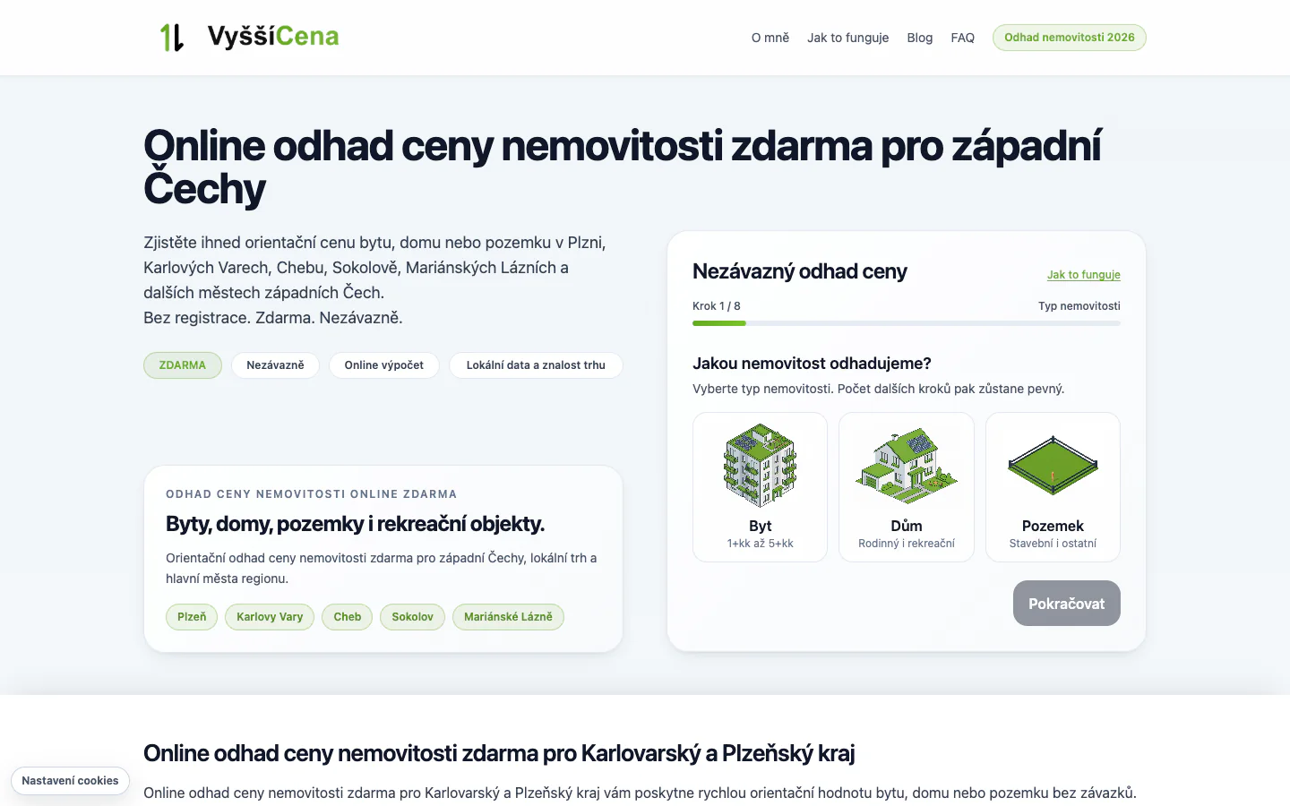 Web VyššíCena se vstupem do odhadu ceny nemovitosti